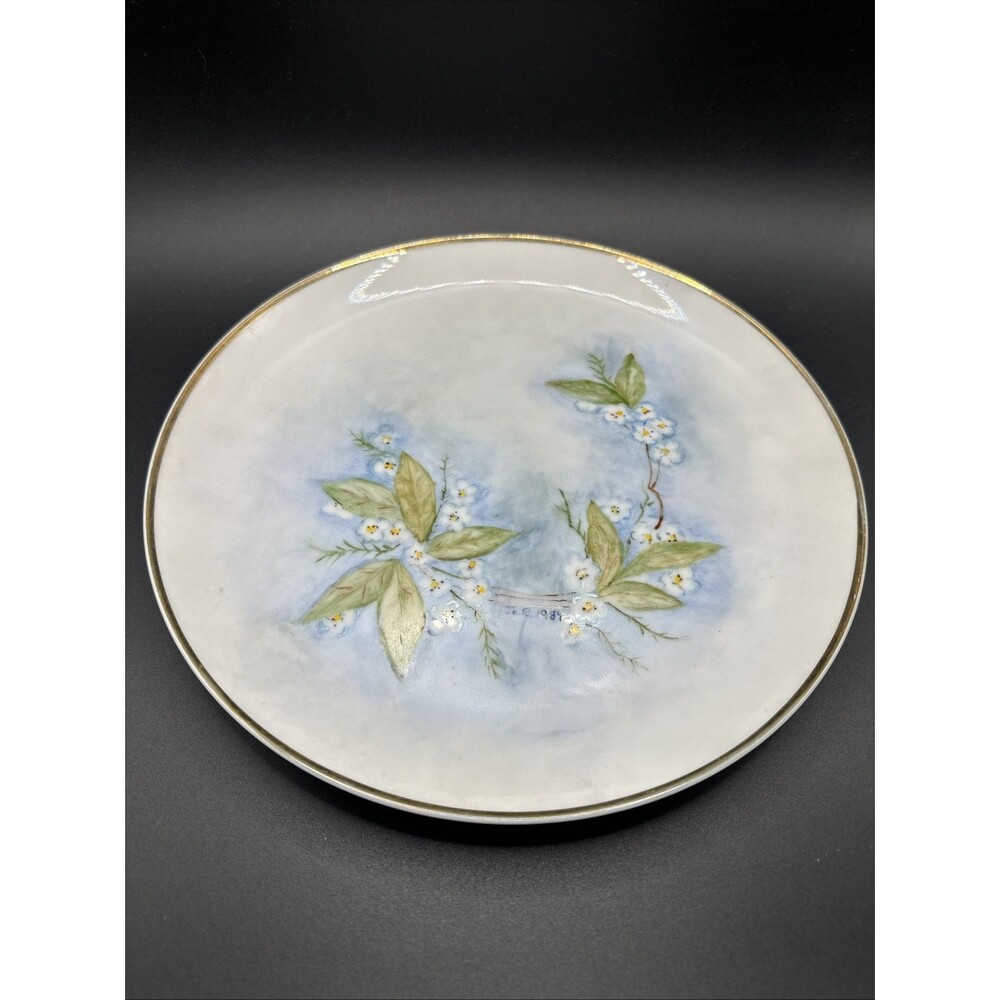Hand Painted Flowers Blue Decorative Plate Signed 1989